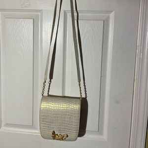 MANOLUCCI leather crocs print beige iridescent gold crossbody crocodile accent.